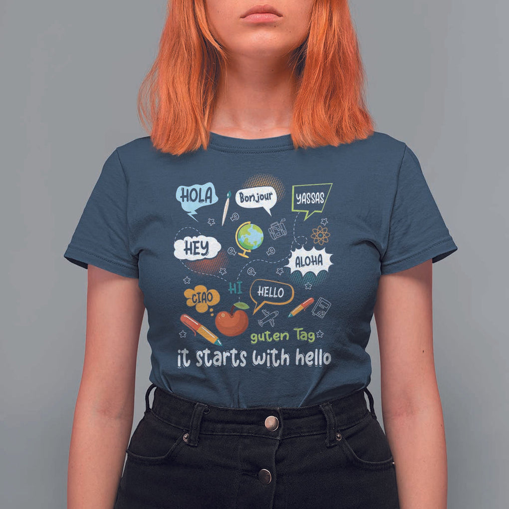 Inclusion Matters T Shirt For Women It Starts With Hello In Languages TS02 Navy Print Your Wear