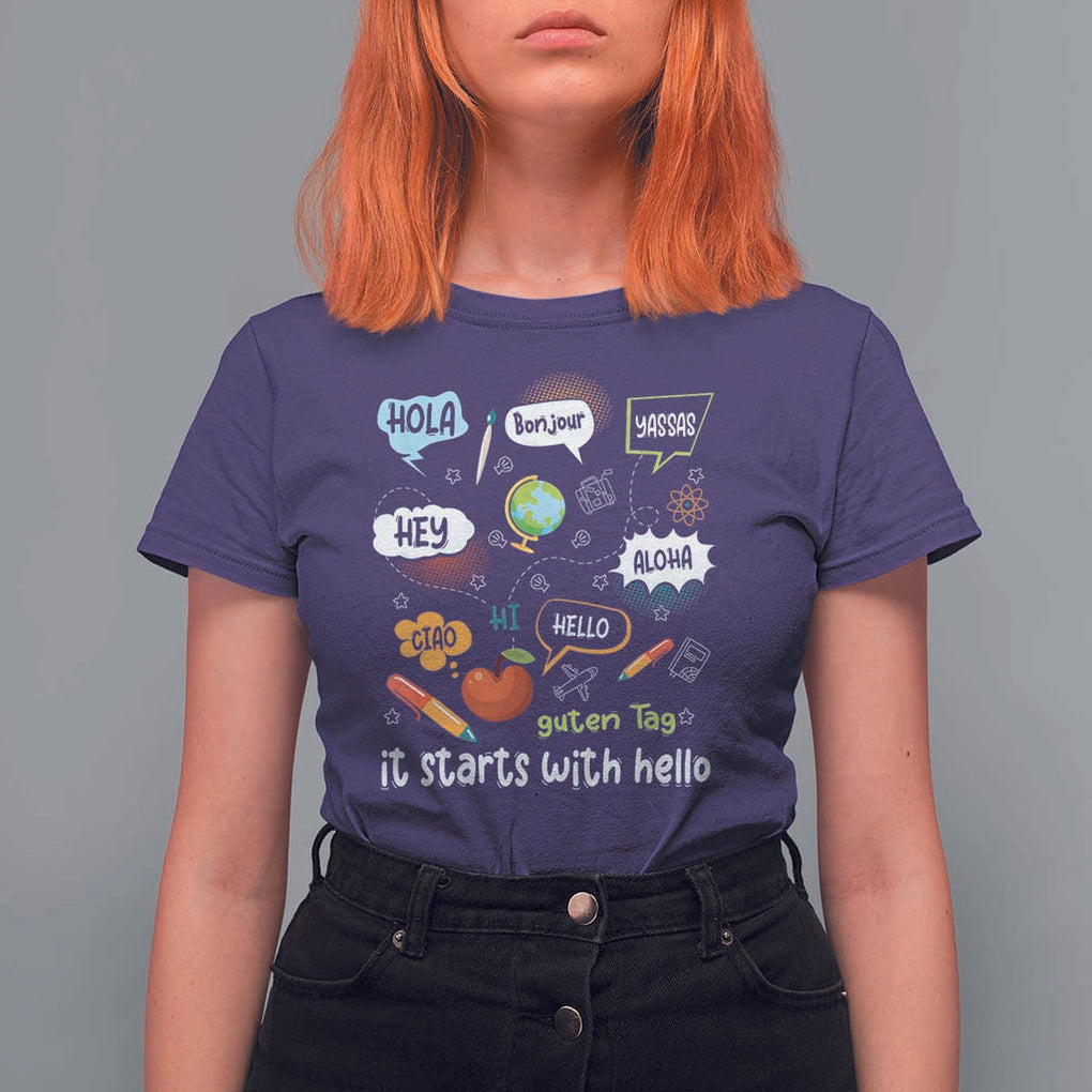 Inclusion Matters T Shirt For Women It Starts With Hello In Languages TS02 Purple Print Your Wear