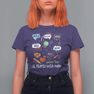 Inclusion Matters T Shirt For Women It Starts With Hello In Languages TS02 Purple Print Your Wear
