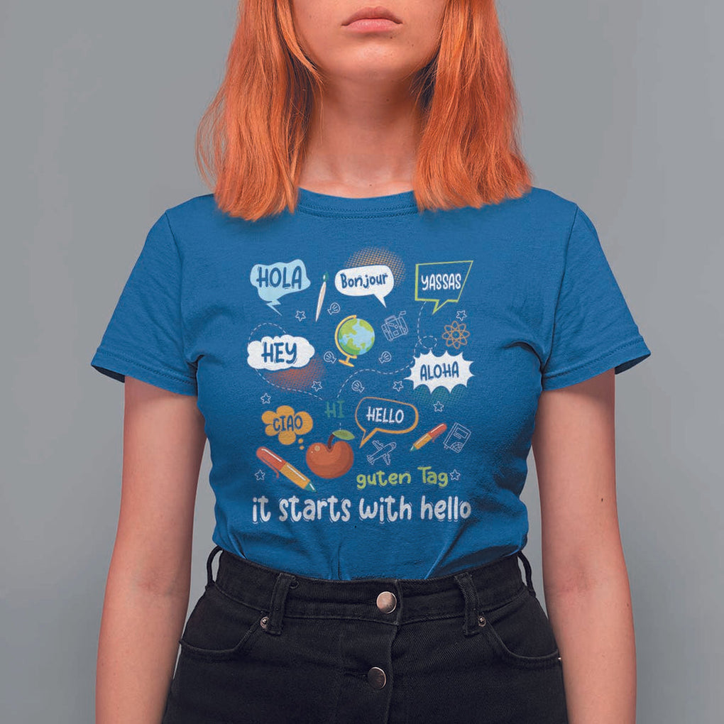 Inclusion Matters T Shirt For Women It Starts With Hello In Languages TS02 Royal Blue Print Your Wear