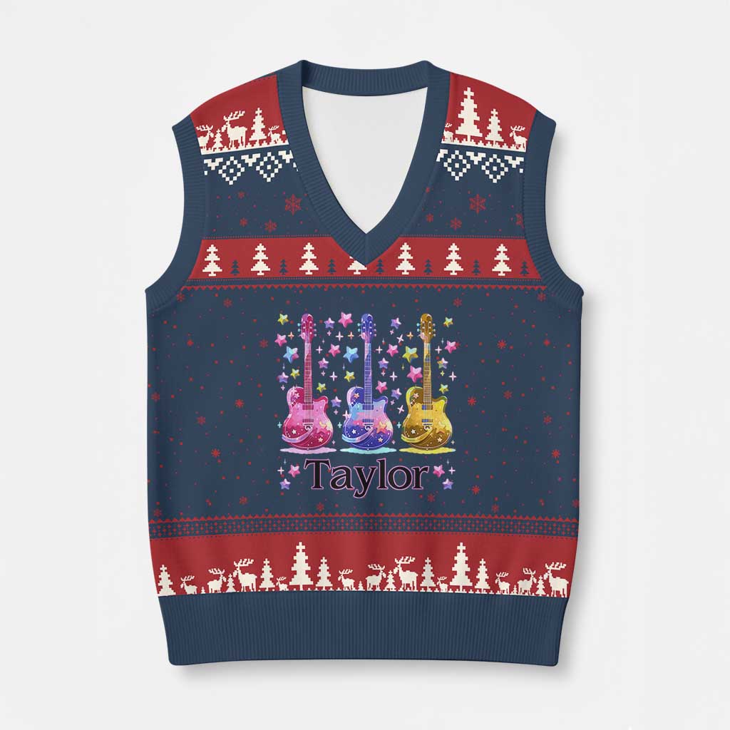 Taylor Name V-Neck Knit Sweater Vest Retro Groovy 70s 80s TS02 Navy Red Print Your Wear