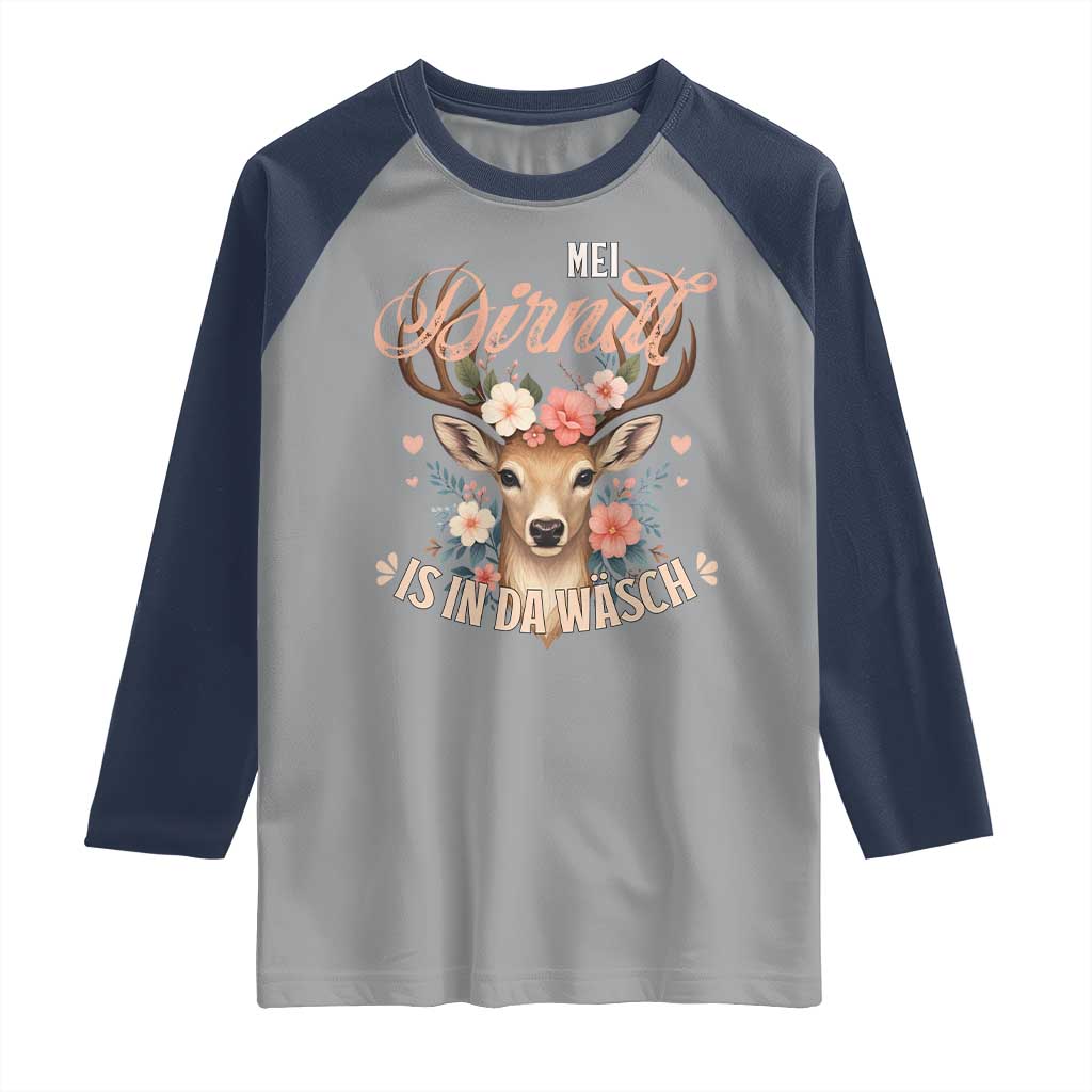 Funny Oktoberfest Deer Raglan Shirt Mei Dirndl Is In Da Wasch German Bavarian Costume TS02 Sport Gray Navy Print Your Wear
