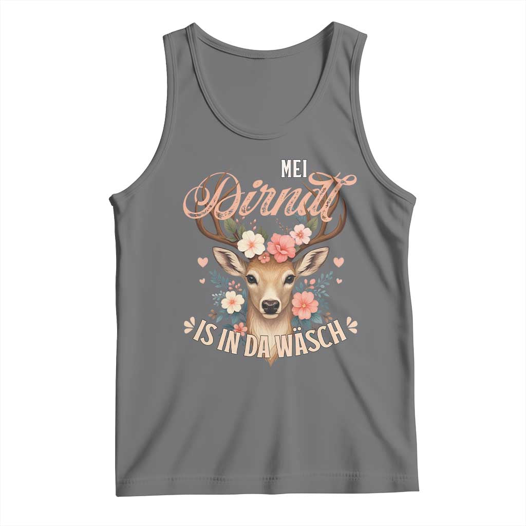 Funny Oktoberfest Deer Tank Top Mei Dirndl Is In Da Wasch German Bavarian Costume TS02 Black Heather Print Your Wear