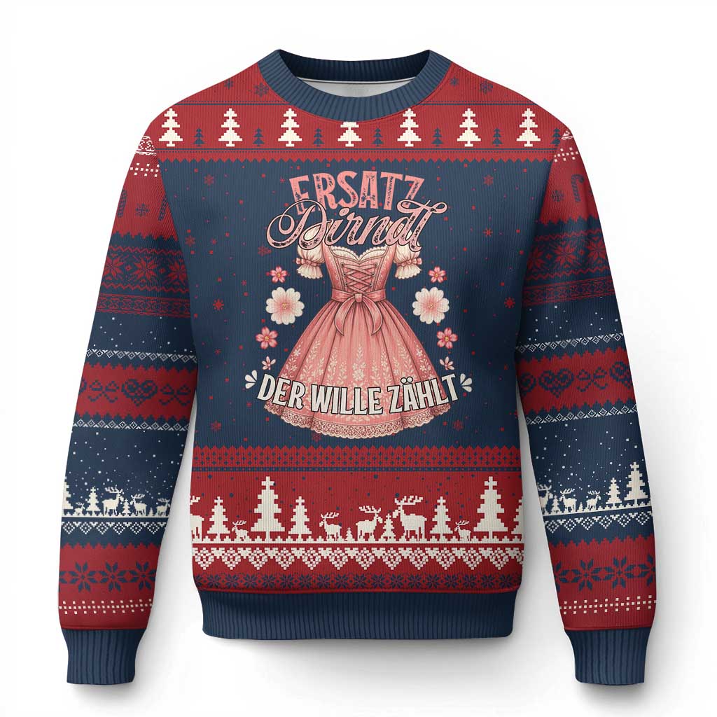 Funny Ersatz Backup Dirndl Oktoberfest Ugly Christmas Sweater Der Wille Zahlt Bavarian Festival Costume Humor TS02 Navy Red Print Your Wear