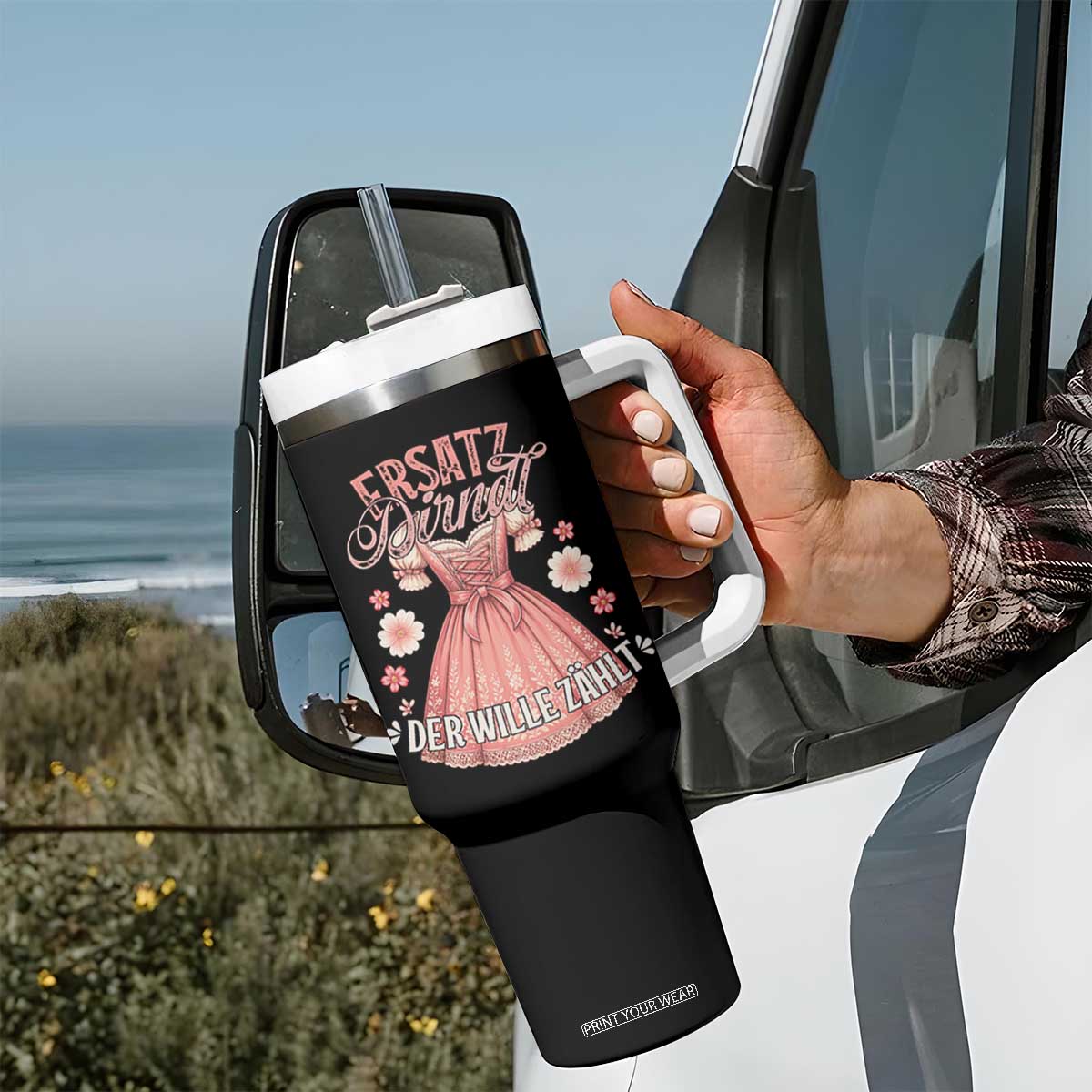 Funny Ersatz Backup Dirndl Oktoberfest Tumbler With Handle Der Wille Zahlt Bavarian Festival Costume Humor TS02 Print Your Wear