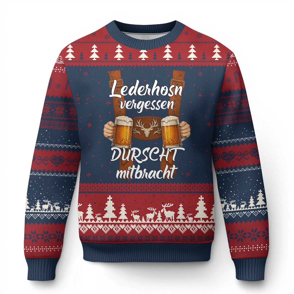 Lederhosen Forgotten Oktoberfest Ugly Christmas Sweater Durscht Mitbracht Funny Beer Drinking TS02 Navy Red Print Your Wear