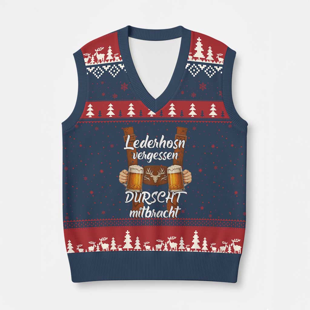 Lederhosen Forgotten Oktoberfest V-Neck Knit Sweater Vest Durscht Mitbracht Funny Beer Drinking TS02 Navy Red Print Your Wear