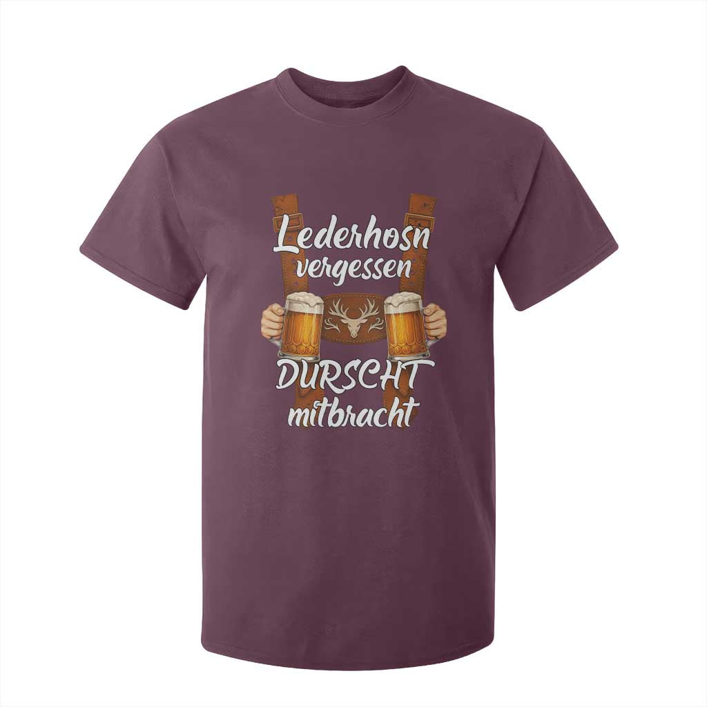 Lederhosen Forgotten Oktoberfest T Shirt For Kid Durscht Mitbracht Funny Beer Drinking TS02 Maroon Print Your Wear