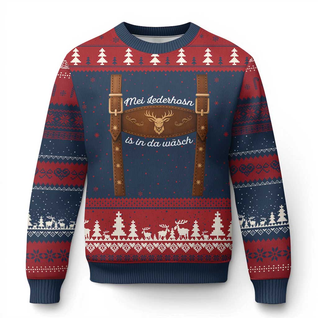 Funny Lederhosen Costume Alternative for Oktoberfest Ugly Christmas Sweater Mei Lederhosn Is In Da Wasch TS02 Navy Red Print Your Wear