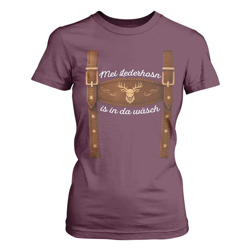 Funny Lederhosen Costume Alternative for Oktoberfest T Shirt For Women Mei Lederhosn Is In Da Wasch TS02 Maroon Print Your Wear