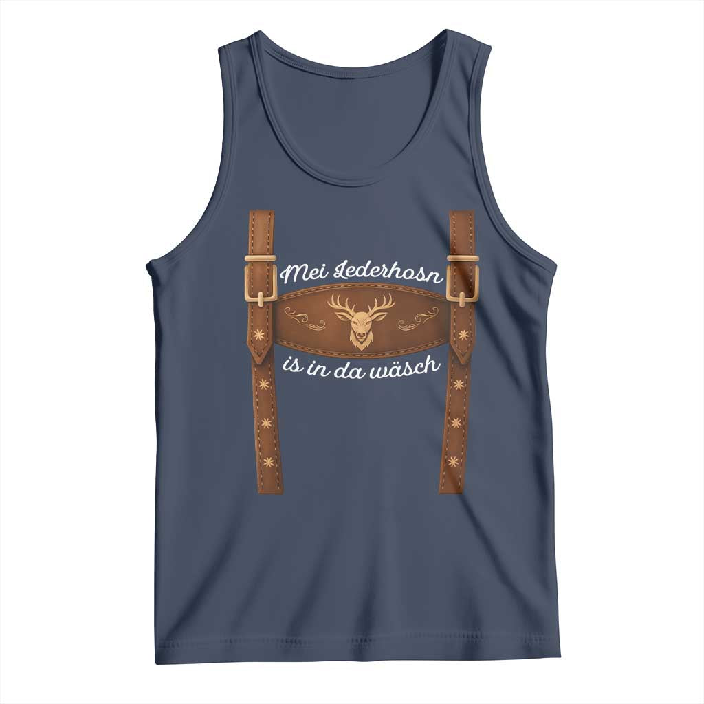 Funny Lederhosen Costume Alternative for Oktoberfest Tank Top Mei Lederhosn Is In Da Wasch TS02 Navy Print Your Wear