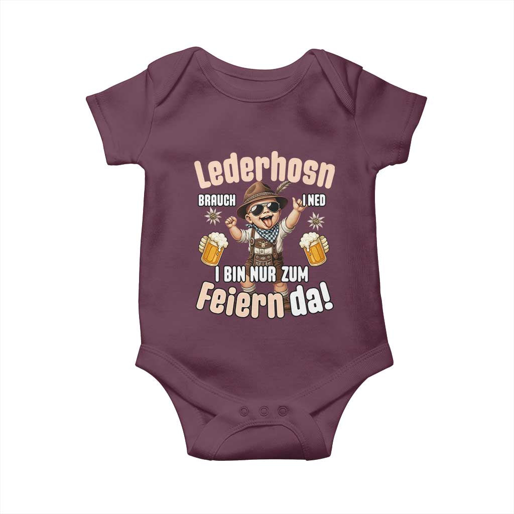 Funny Cute Boy Lederhosen Oktoberfest Baby Onesie Lederhosn I Bin Nur Zum Feiern Da Party TS02 Maroon Print Your Wear