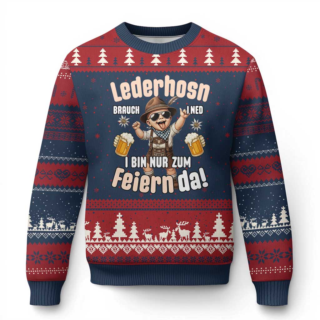 Funny Cute Boy Lederhosen Oktoberfest Ugly Christmas Sweater Lederhosn I Bin Nur Zum Feiern Da Party TS02 Navy Red Print Your Wear