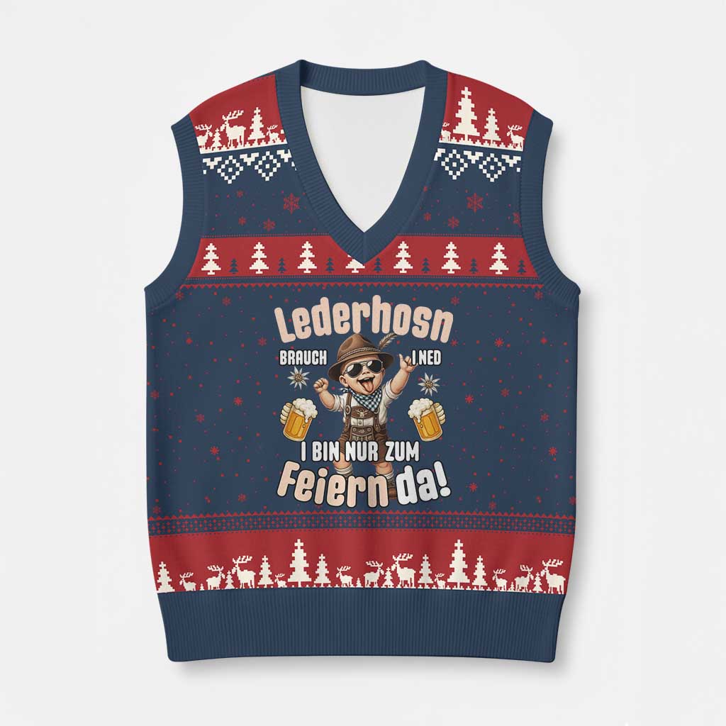 Funny Cute Boy Lederhosen Oktoberfest V-Neck Knit Sweater Vest Lederhosn I Bin Nur Zum Feiern Da Party TS02 Navy Red Print Your Wear
