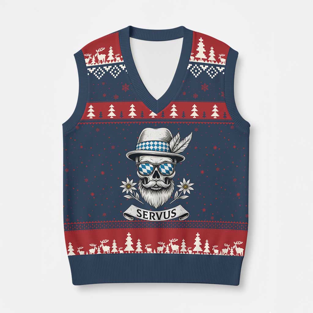 Bavarian Skull Servus Oktoberfest V-Neck Knit Sweater Vest Cool Alpine Hat Tyrolean German Tradition Style TS02 Navy Red Print Your Wear
