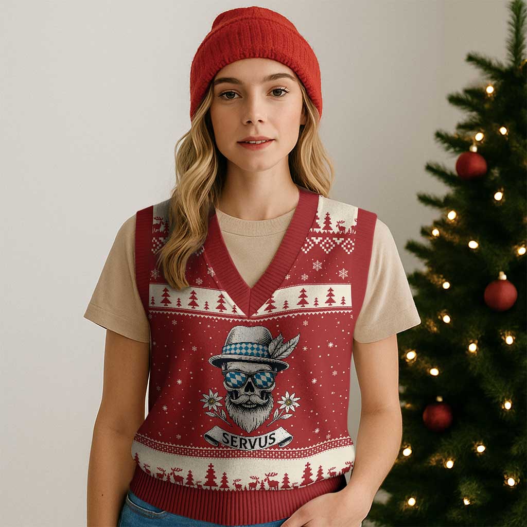 Bavarian Skull Servus Oktoberfest V-Neck Knit Sweater Vest Cool Alpine Hat Tyrolean German Tradition Style TS02 Red Beige Print Your Wear