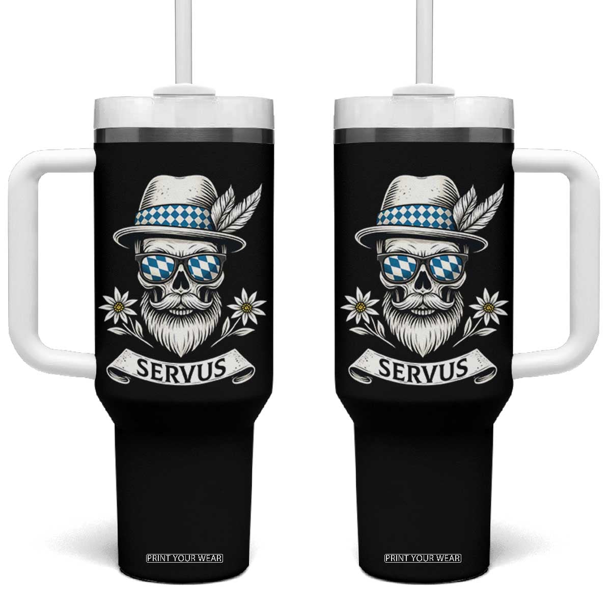 Bavarian Skull Servus Oktoberfest Tumbler With Handle Cool Alpine Hat Tyrolean German Tradition Style TS02 One Size: 40 oz Black Print Your Wear