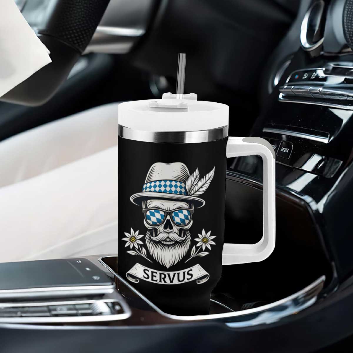 Bavarian Skull Servus Oktoberfest Tumbler With Handle Cool Alpine Hat Tyrolean German Tradition Style TS02 Print Your Wear