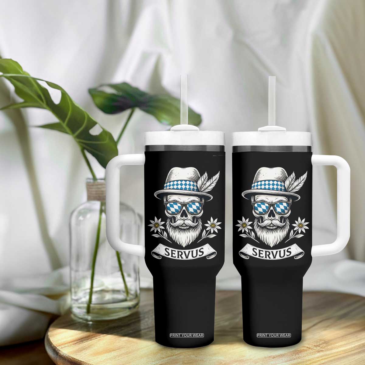 Bavarian Skull Servus Oktoberfest Tumbler With Handle Cool Alpine Hat Tyrolean German Tradition Style TS02 Print Your Wear