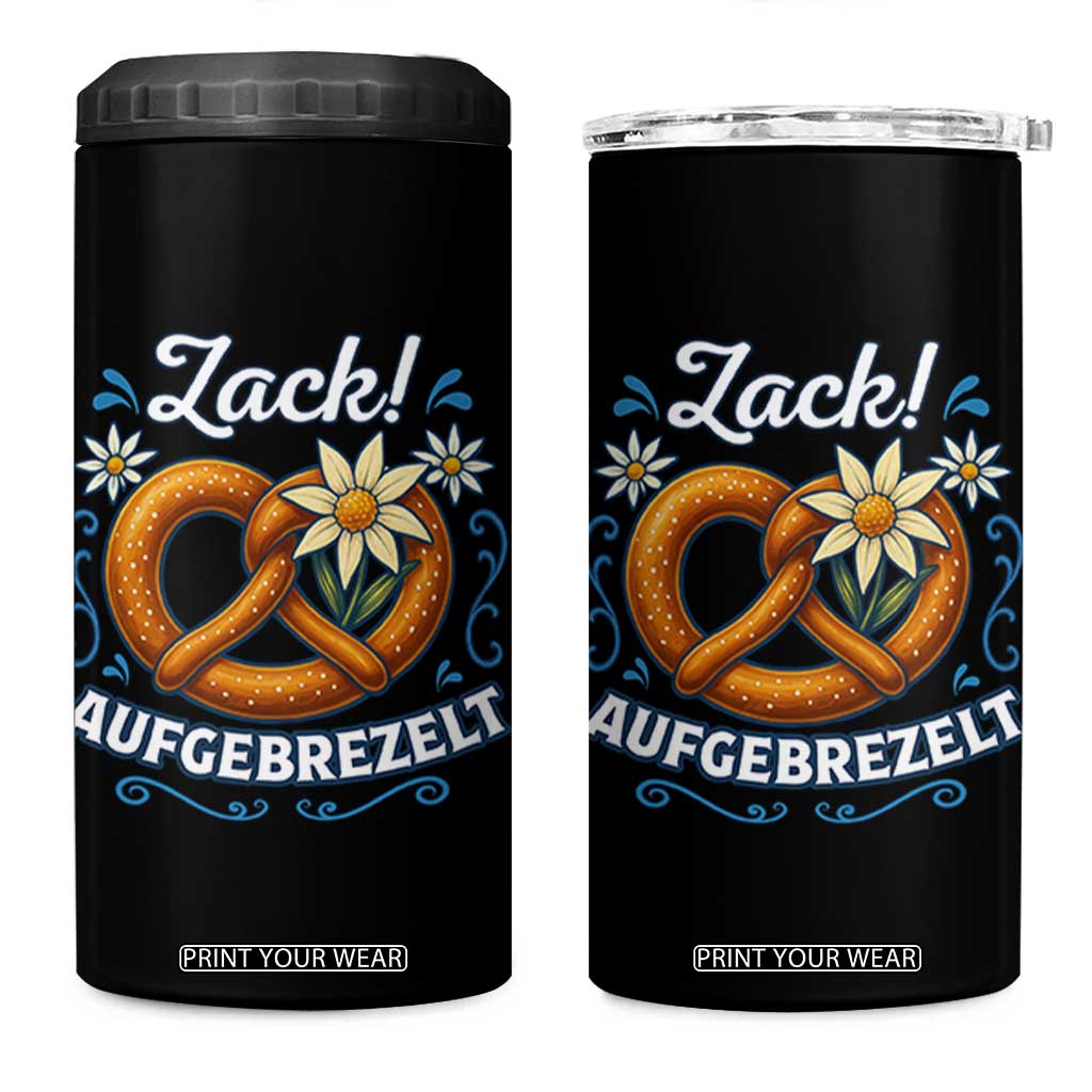 Zack Aufgebrezelt Oktoberfest 4 in 1 Can Cooler Tumbler Funny Bavarian Pretzel Edelweiss Blue TS02 One Size: 16 oz Black Print Your Wear