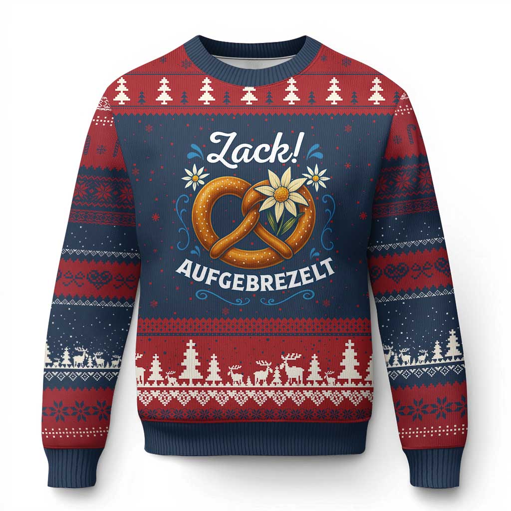 Zack Aufgebrezelt Oktoberfest Ugly Christmas Sweater Funny Bavarian Pretzel Edelweiss Blue TS02 Navy Red Print Your Wear
