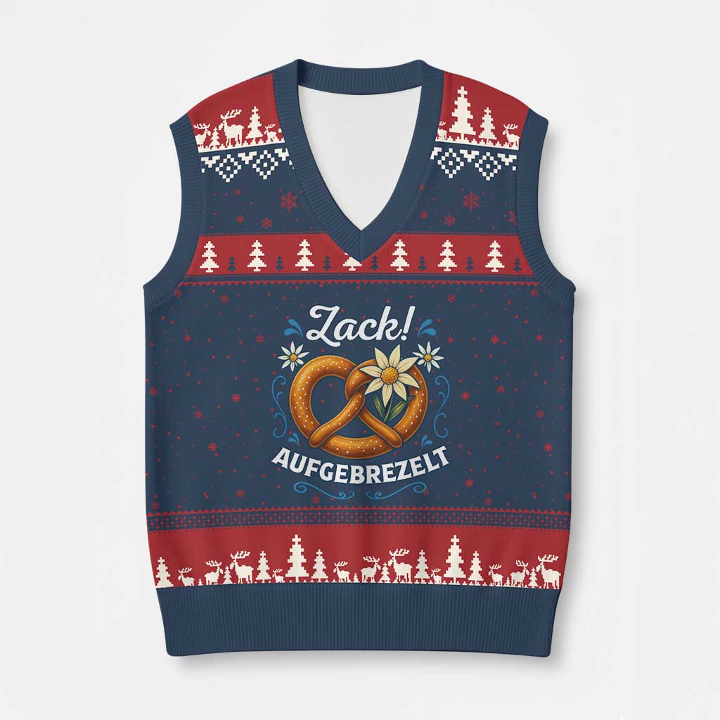 Zack Aufgebrezelt Oktoberfest V-Neck Knit Sweater Vest Funny Bavarian Pretzel Edelweiss Blue TS02 Navy Red Print Your Wear