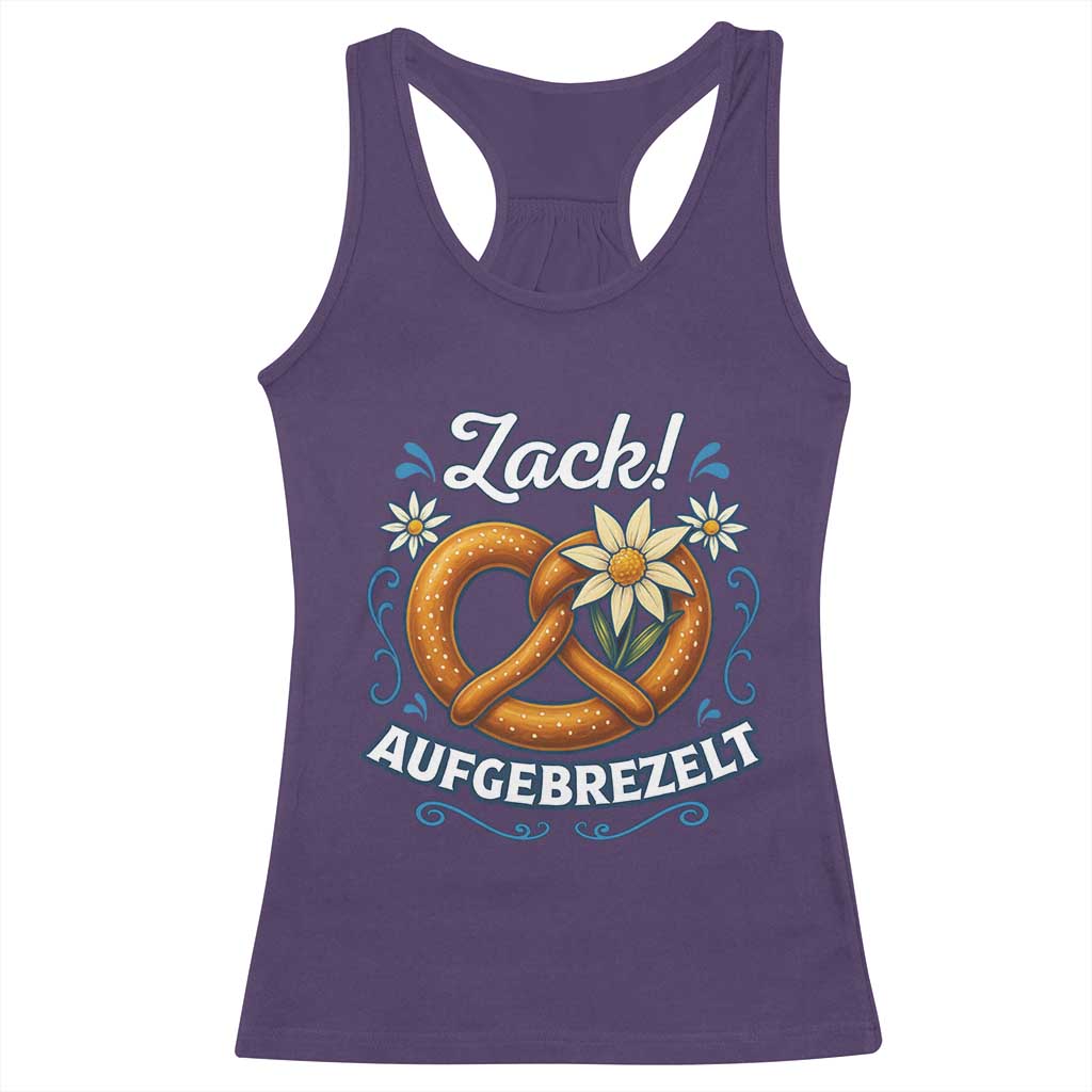 Zack Aufgebrezelt Oktoberfest Racerback Tank Top Funny Bavarian Pretzel Edelweiss Blue TS02 Purple Print Your Wear