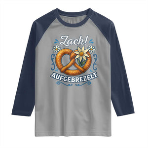 Zack Aufgebrezelt Oktoberfest Raglan Shirt Funny Bavarian Pretzel Edelweiss Blue TS02 Sport Gray Navy Print Your Wear