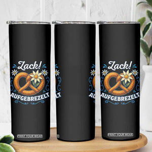 Zack Aufgebrezelt Oktoberfest Skinny Tumbler Funny Bavarian Pretzel Edelweiss Blue TS02 Print Your Wear