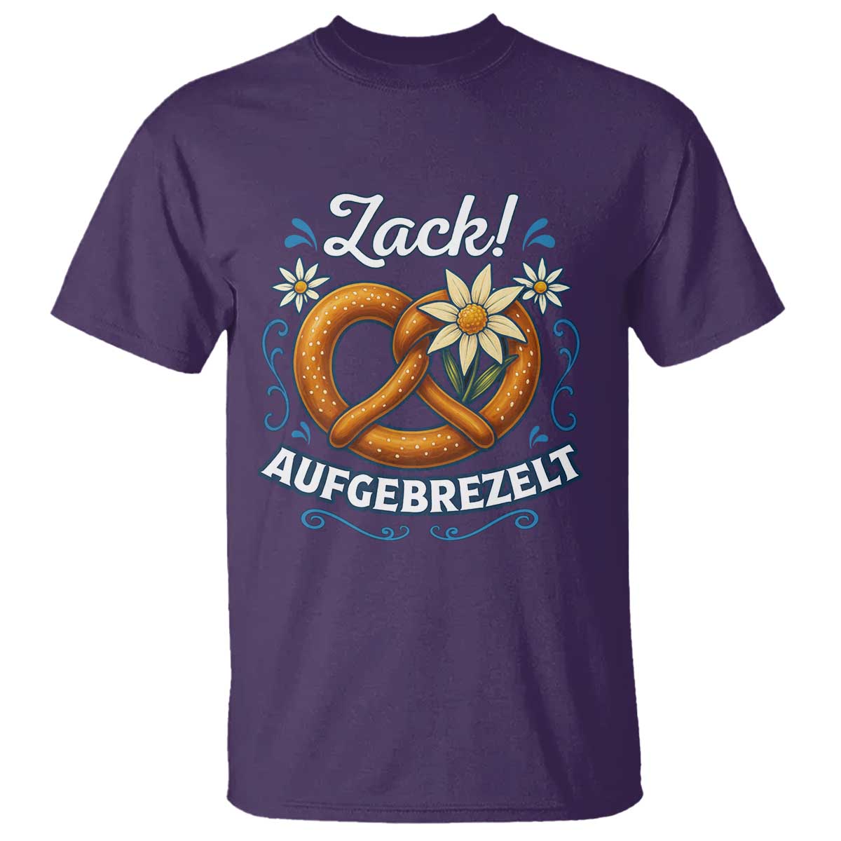 Zack Aufgebrezelt Oktoberfest T Shirt Funny Bavarian Pretzel Edelweiss Blue TS02 Purple Print Your Wear