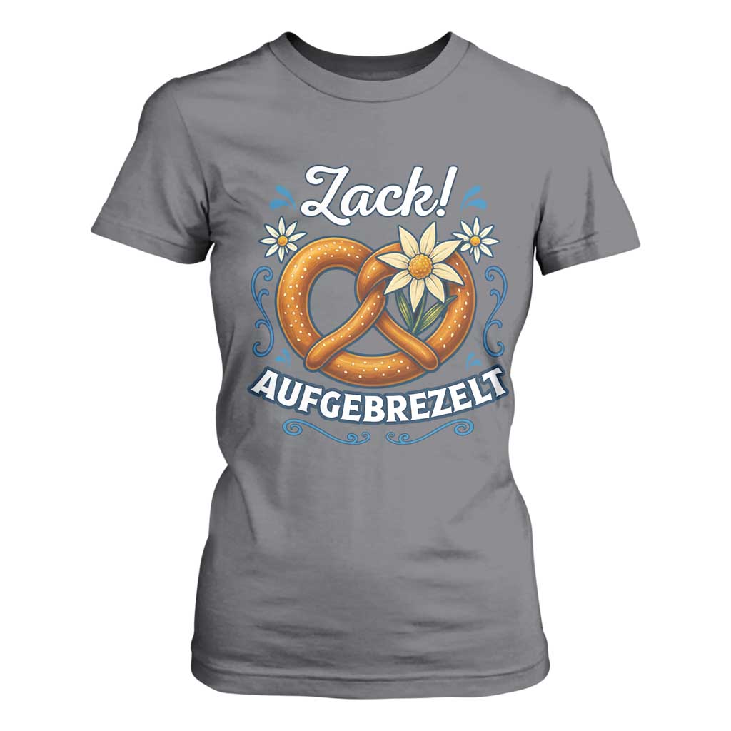 Zack Aufgebrezelt Oktoberfest T Shirt For Women Funny Bavarian Pretzel Edelweiss Blue TS02 Charcoal Print Your Wear