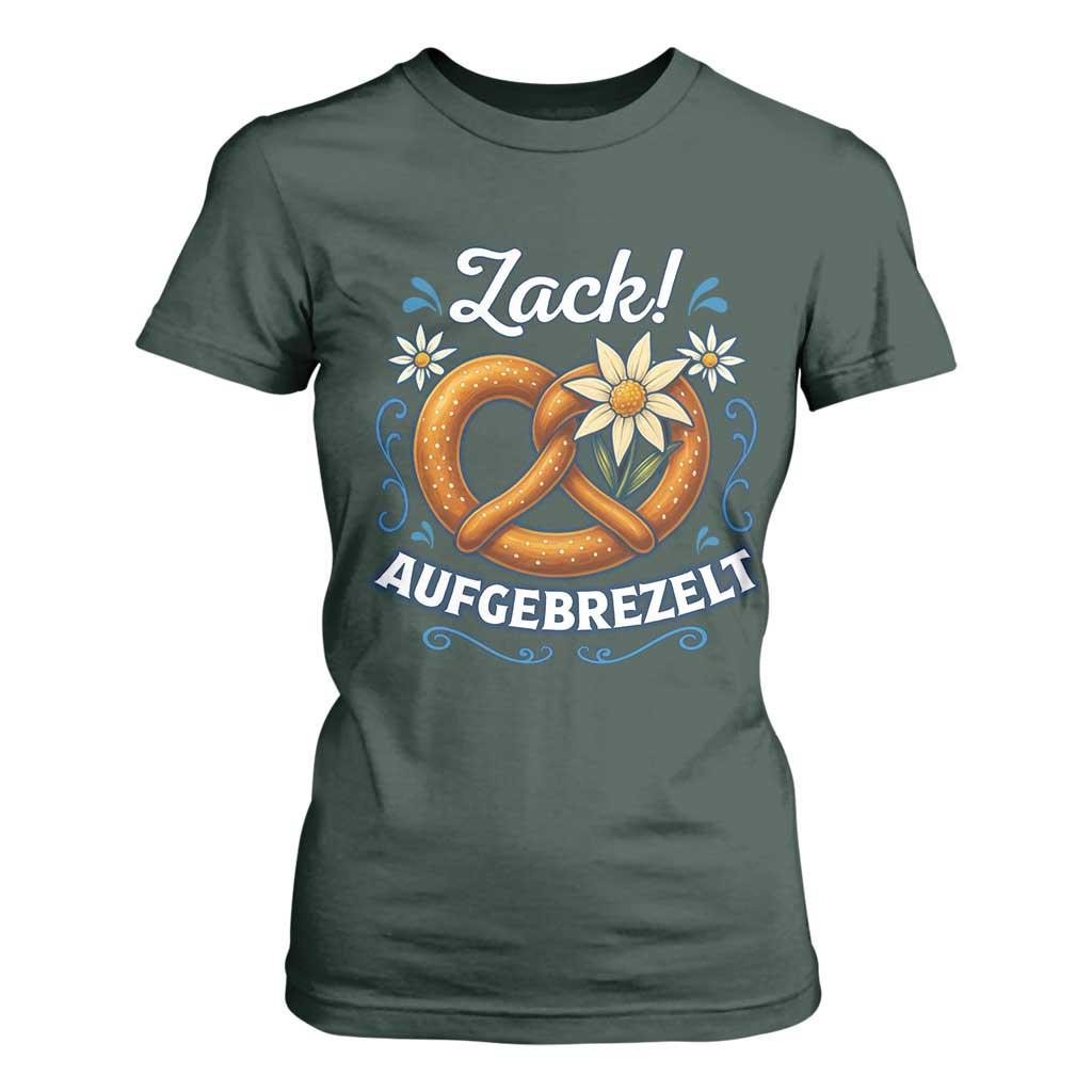 Zack Aufgebrezelt Oktoberfest T Shirt For Women Funny Bavarian Pretzel Edelweiss Blue TS02 Dark Forest Green Print Your Wear