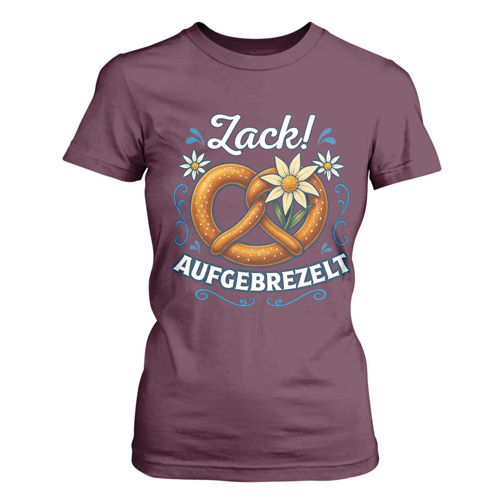 Zack Aufgebrezelt Oktoberfest T Shirt For Women Funny Bavarian Pretzel Edelweiss Blue TS02 Maroon Print Your Wear