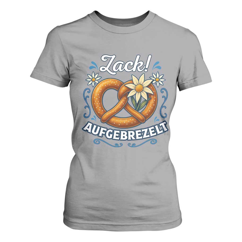 Zack Aufgebrezelt Oktoberfest T Shirt For Women Funny Bavarian Pretzel Edelweiss Blue TS02 Sport Gray Print Your Wear