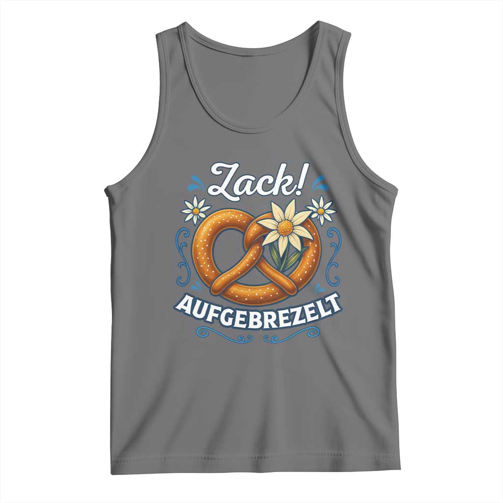 Zack Aufgebrezelt Oktoberfest Tank Top Funny Bavarian Pretzel Edelweiss Blue TS02 Black Heather Print Your Wear