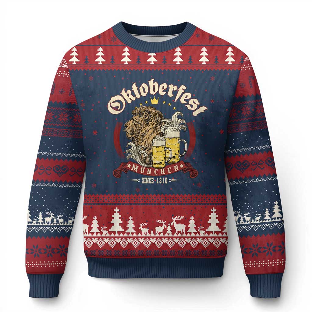 Oktoberfest Munchen Ugly Christmas Sweater Munich Since 1810 Bavarian Lion and Beer TS02 Navy Red Print Your Wear