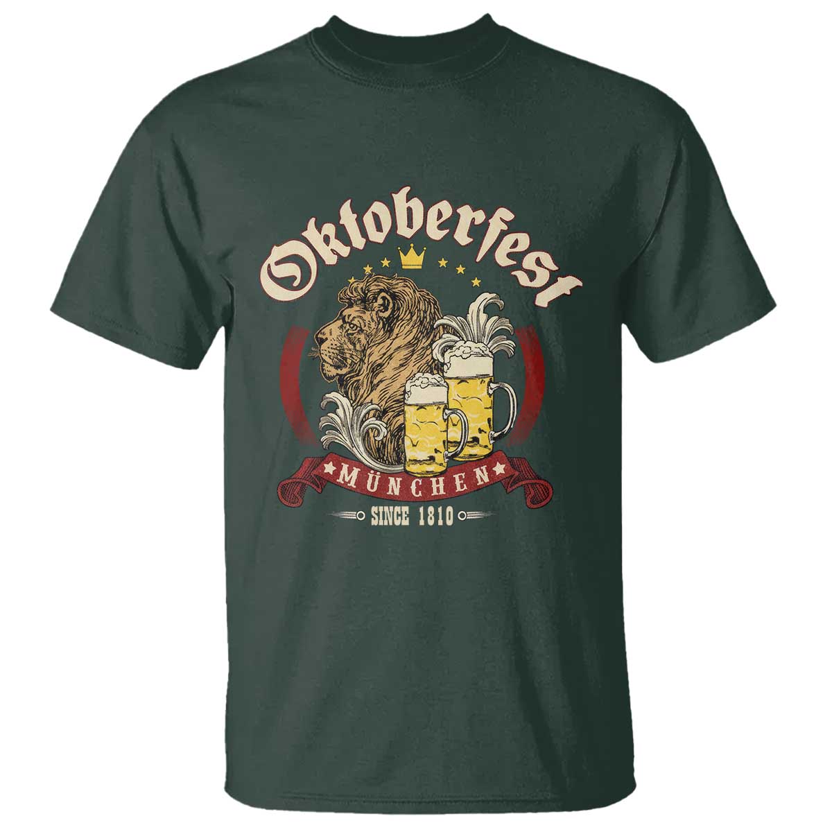 Oktoberfest Munchen T Shirt Munich Since 1810 Bavarian Lion and Beer TS02 Dark Forest Green Print Your Wear