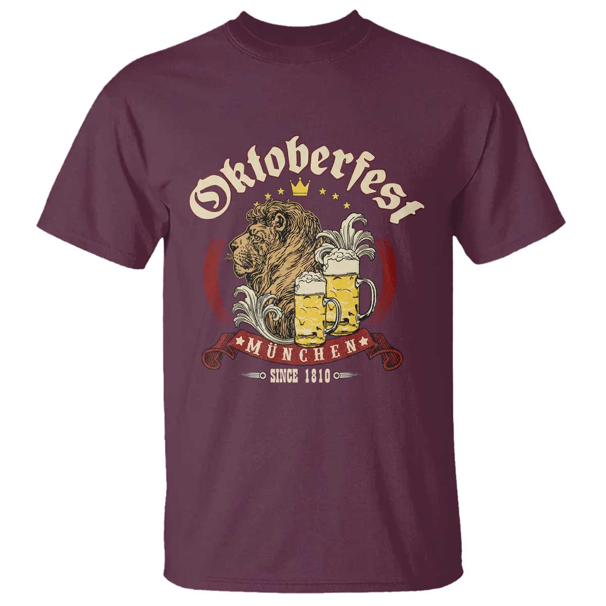 Oktoberfest Munchen T Shirt Munich Since 1810 Bavarian Lion and Beer TS02 Maroon Print Your Wear