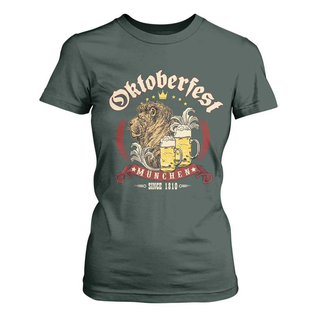 Oktoberfest Munchen T Shirt For Women Munich Since 1810 Bavarian Lion and Beer TS02 Dark Forest Green Print Your Wear