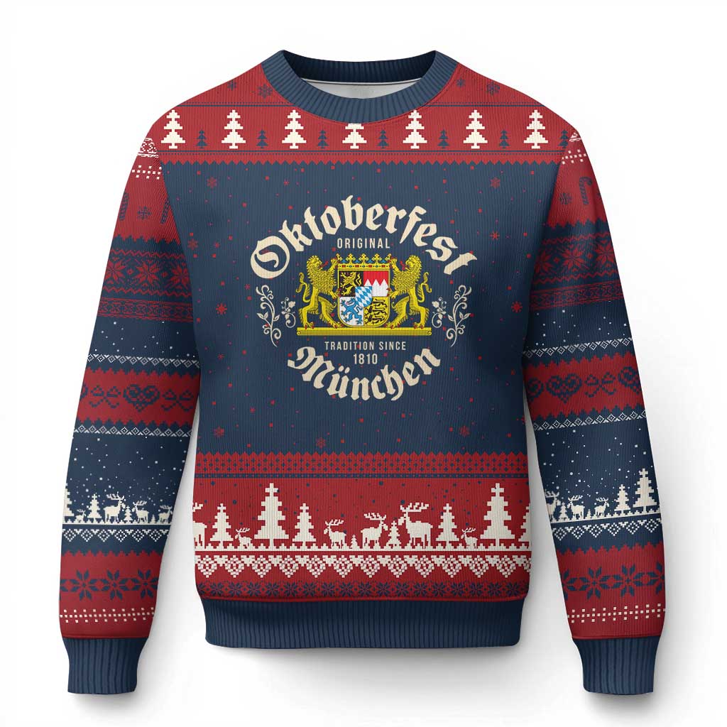 Oktoberfest Munchen Since 1810 Ugly Christmas Sweater Original Tradition Bavarian Coat of Arms Heritage Festival TS02 Navy Red Print Your Wear