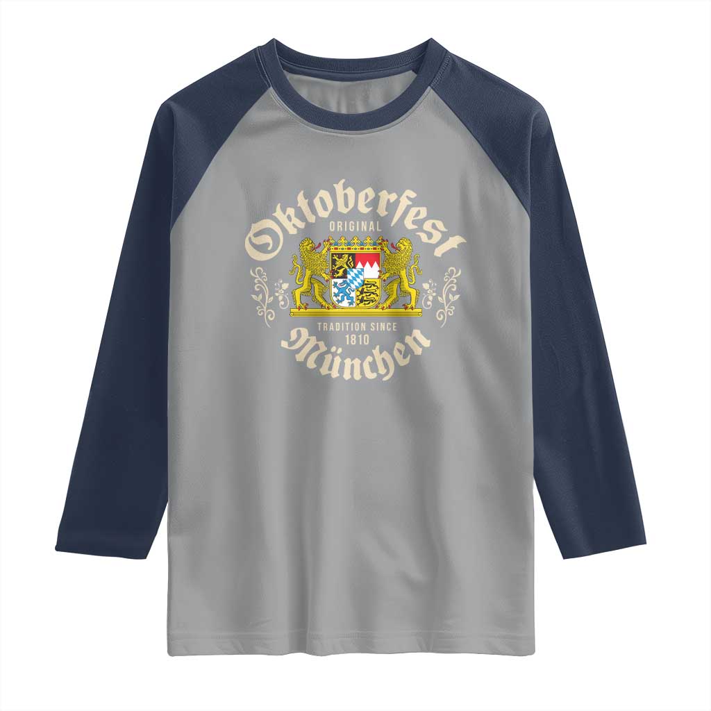 Oktoberfest Munchen Since 1810 Raglan Shirt Original Tradition Bavarian Coat of Arms Heritage Festival TS02 Sport Gray Navy Print Your Wear