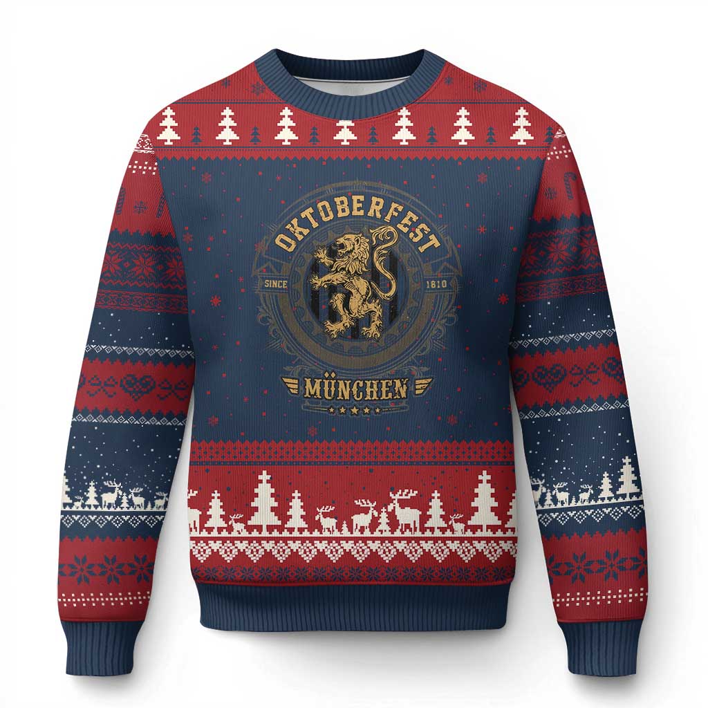 Oktoberfest Munchen Ugly Christmas Sweater Munich Vintage Round Emblem with Bavarian Lion TS02 Navy Red Print Your Wear