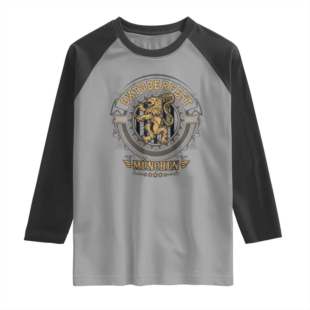 Oktoberfest Munchen Raglan Shirt Munich Vintage Round Emblem with Bavarian Lion TS02 Sport Gray Black Print Your Wear