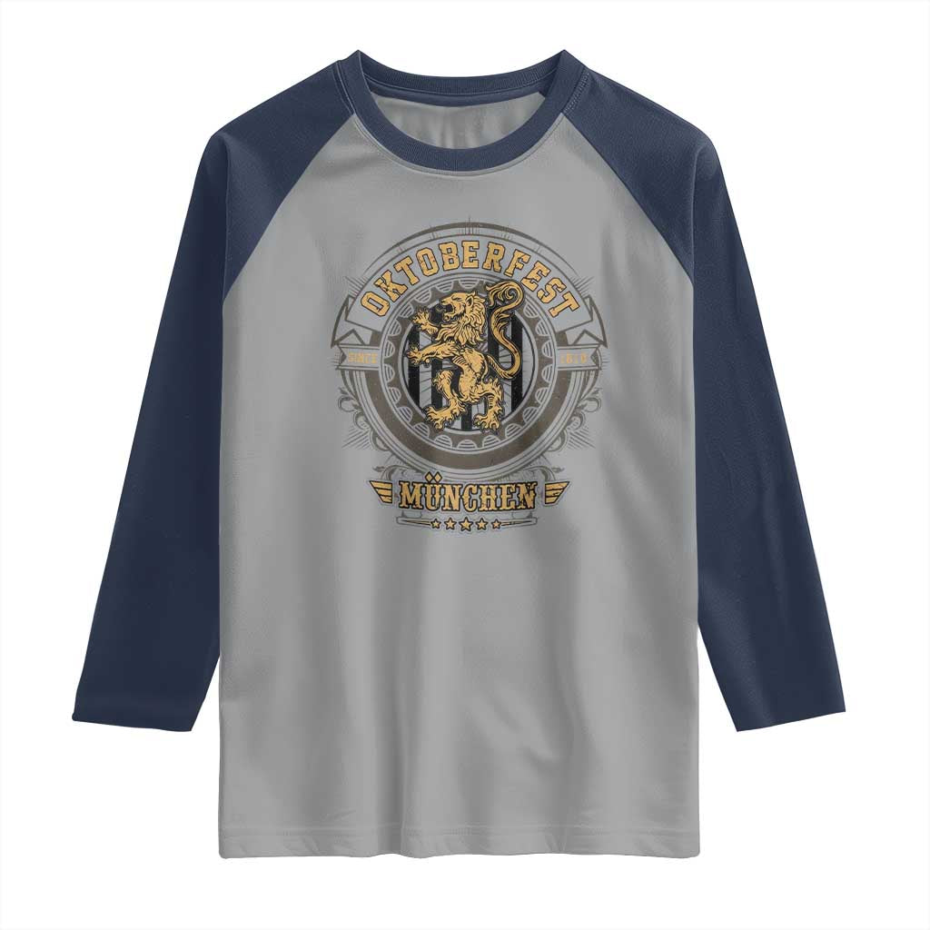 Oktoberfest Munchen Raglan Shirt Munich Vintage Round Emblem with Bavarian Lion TS02 Sport Gray Navy Print Your Wear