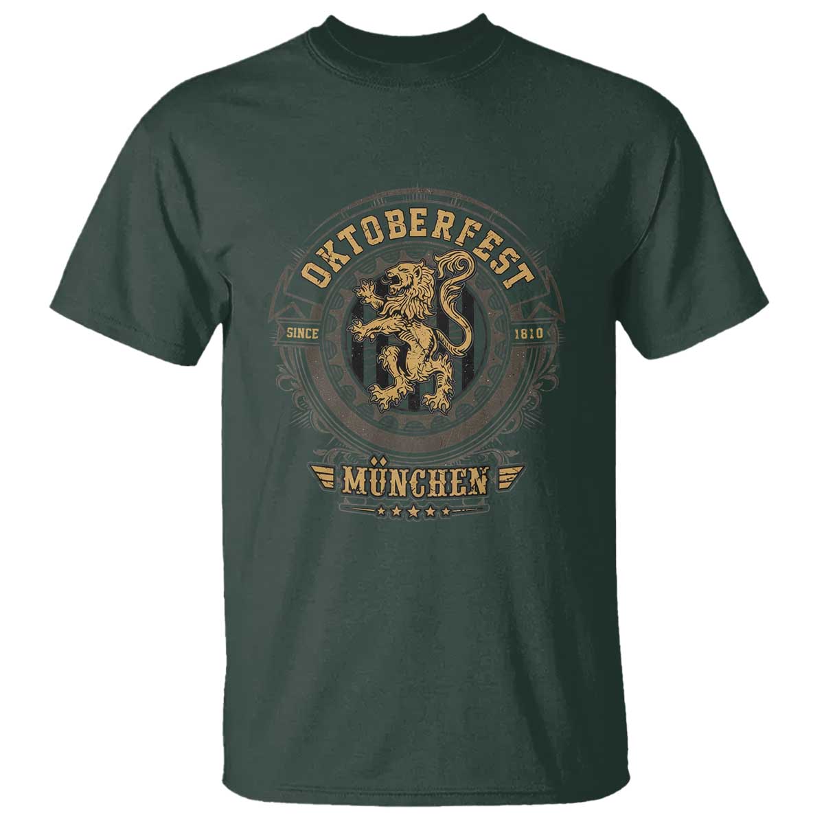 Oktoberfest Munchen T Shirt Munich Vintage Round Emblem with Bavarian Lion TS02 Dark Forest Green Print Your Wear