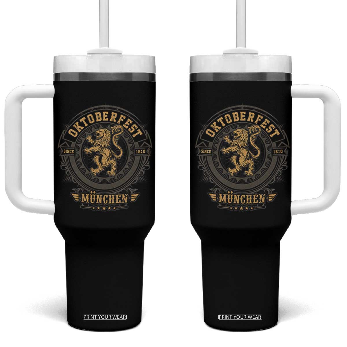 Oktoberfest Munchen Tumbler With Handle Munich Vintage Round Emblem with Bavarian Lion TS02 One Size: 40 oz Black Print Your Wear