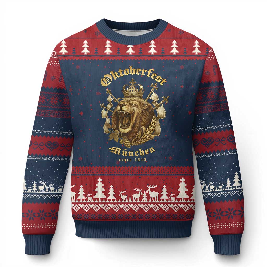 Oktoberfest Munchen Roaring Lion Ugly Christmas Sweater Since 1810 Crown and Beer Weapon TS02 Navy Red Print Your Wear