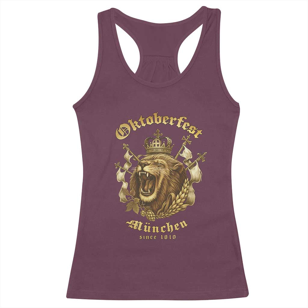 Oktoberfest Munchen Roaring Lion Racerback Tank Top Since 1810 Crown and Beer Weapon TS02 Maroon Print Your Wear