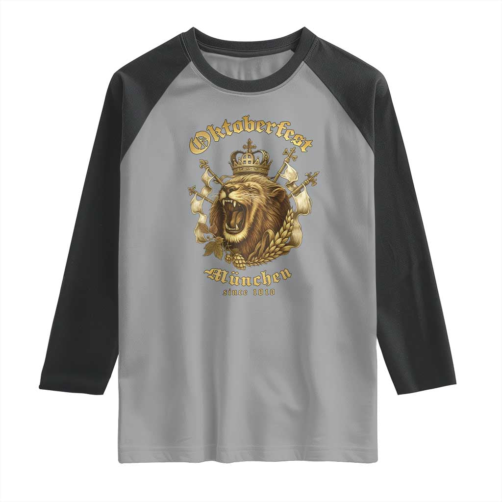 Oktoberfest Munchen Roaring Lion Raglan Shirt Since 1810 Crown and Beer Weapon TS02 Sport Gray Black Print Your Wear