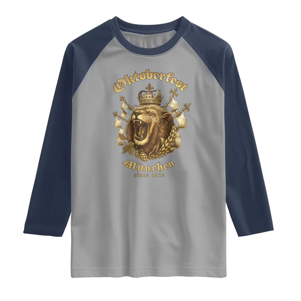 Oktoberfest Munchen Roaring Lion Raglan Shirt Since 1810 Crown and Beer Weapon TS02 Sport Gray Navy Print Your Wear